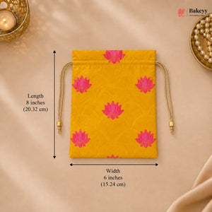 Yellow drawstring bag with pink floral patterns on a beige background, featuring dimensions and the Bakeey brand.