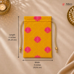 Yellow drawstring pouch with pink floral patterns on a beige background, featuring dimensions and Bakey branding.