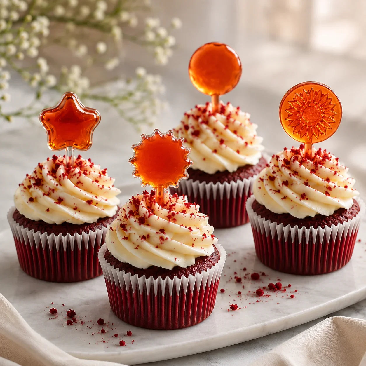 Red velvet cupcakes with cream cheese frosting and decorative toppers on a marble surface.