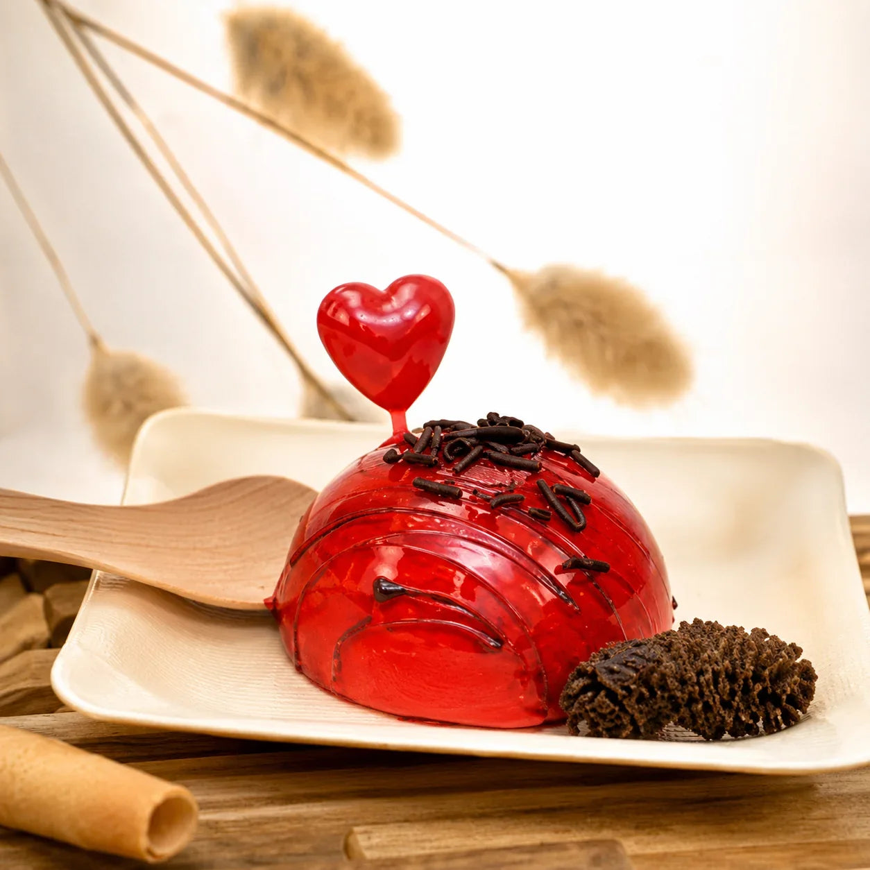 Red jelly dessert with a heart on top on a white plate with a wooden spoon, surrounded by dried plants.