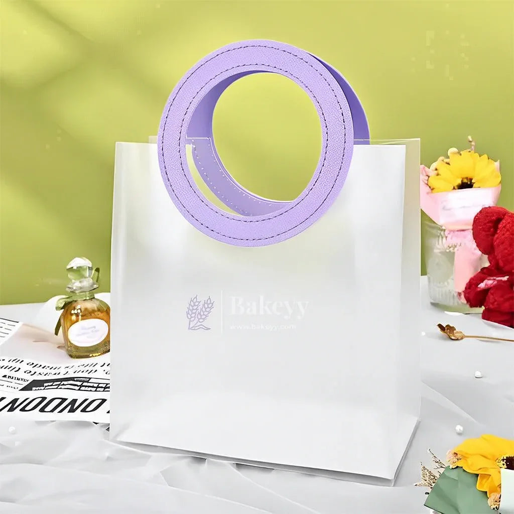 Transparent Bags With Leather Style Lavender Colour Handles | Pack of 12