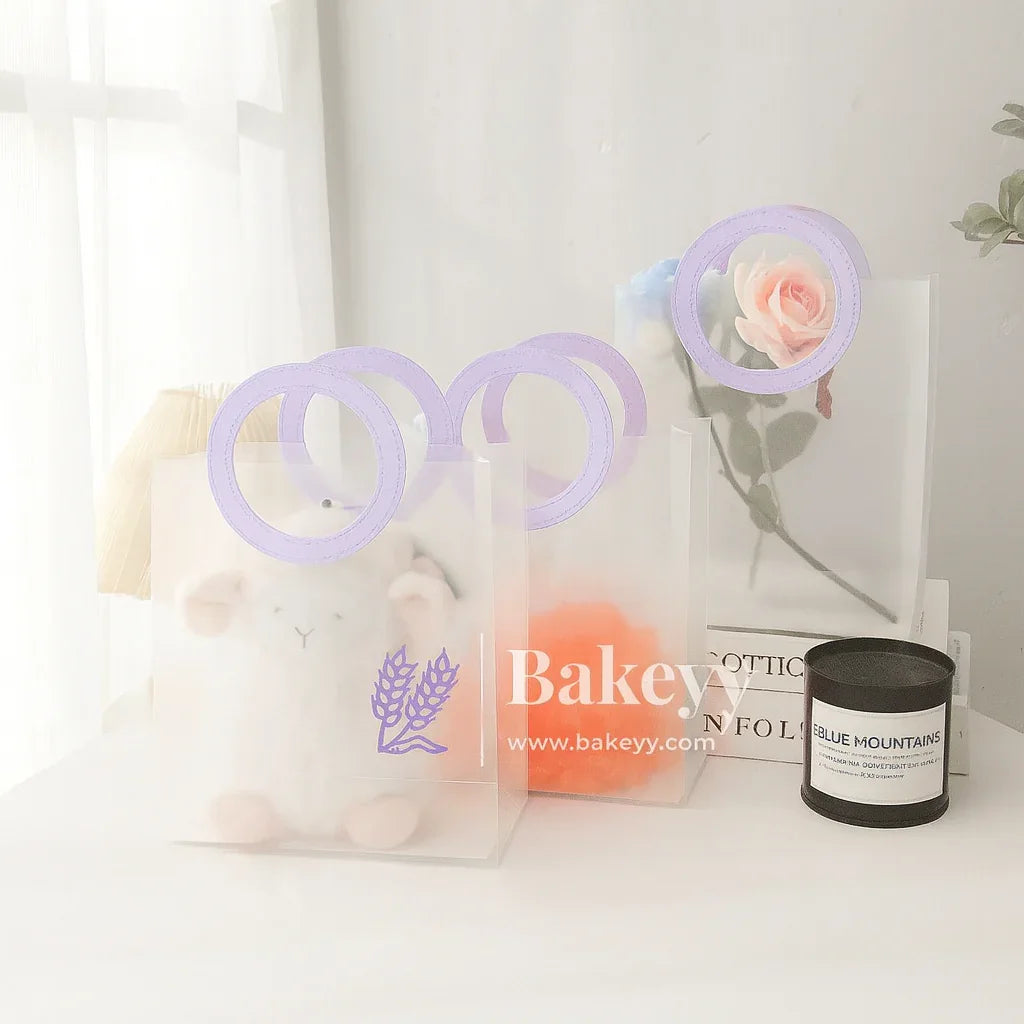 Transparent Bags With Leather Style Lavender Colour Handles | Pack of 12