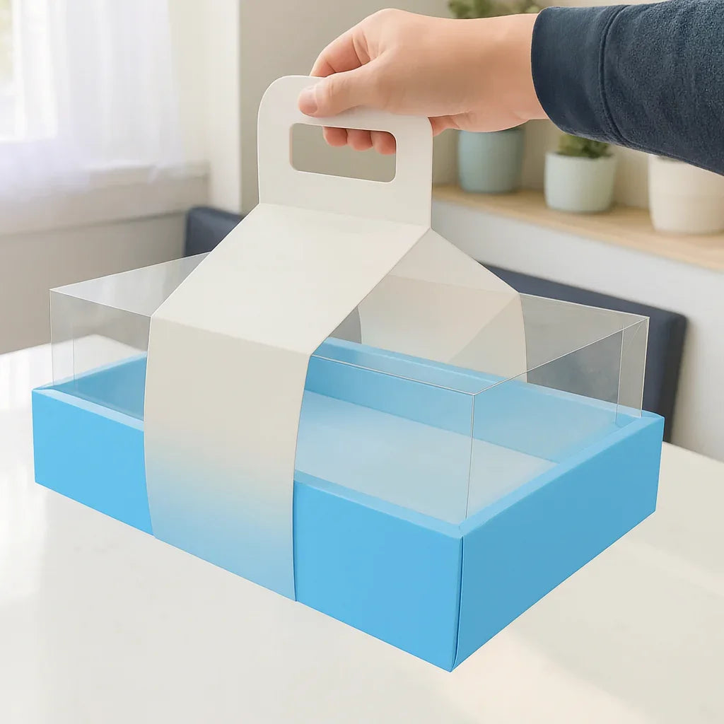 Double Wall Hamper Box with Fit in Transparent Lid and Blue Base and Handle| Pack of 10 - Bakeyy.com - India - Double Wall Hamper Box with Fit in Transparent Lid and Blue Base and Handle| Pack of 10 - Default Title