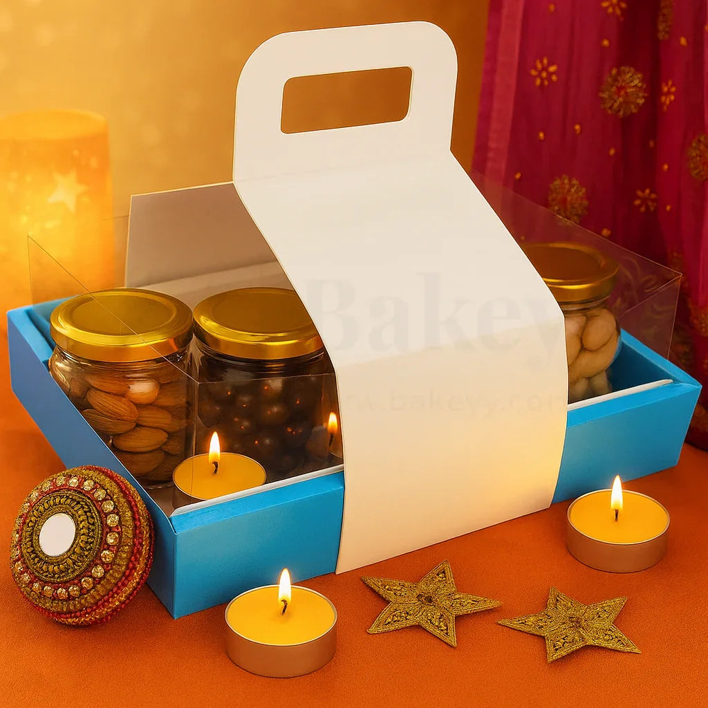 Double Wall Hamper Box with Fit in Transparent Lid and Blue Base and Handle| Pack of 10 - Bakeyy.com - India - Double Wall Hamper Box with Fit in Transparent Lid and Blue Base and Handle| Pack of 10 - Default Title