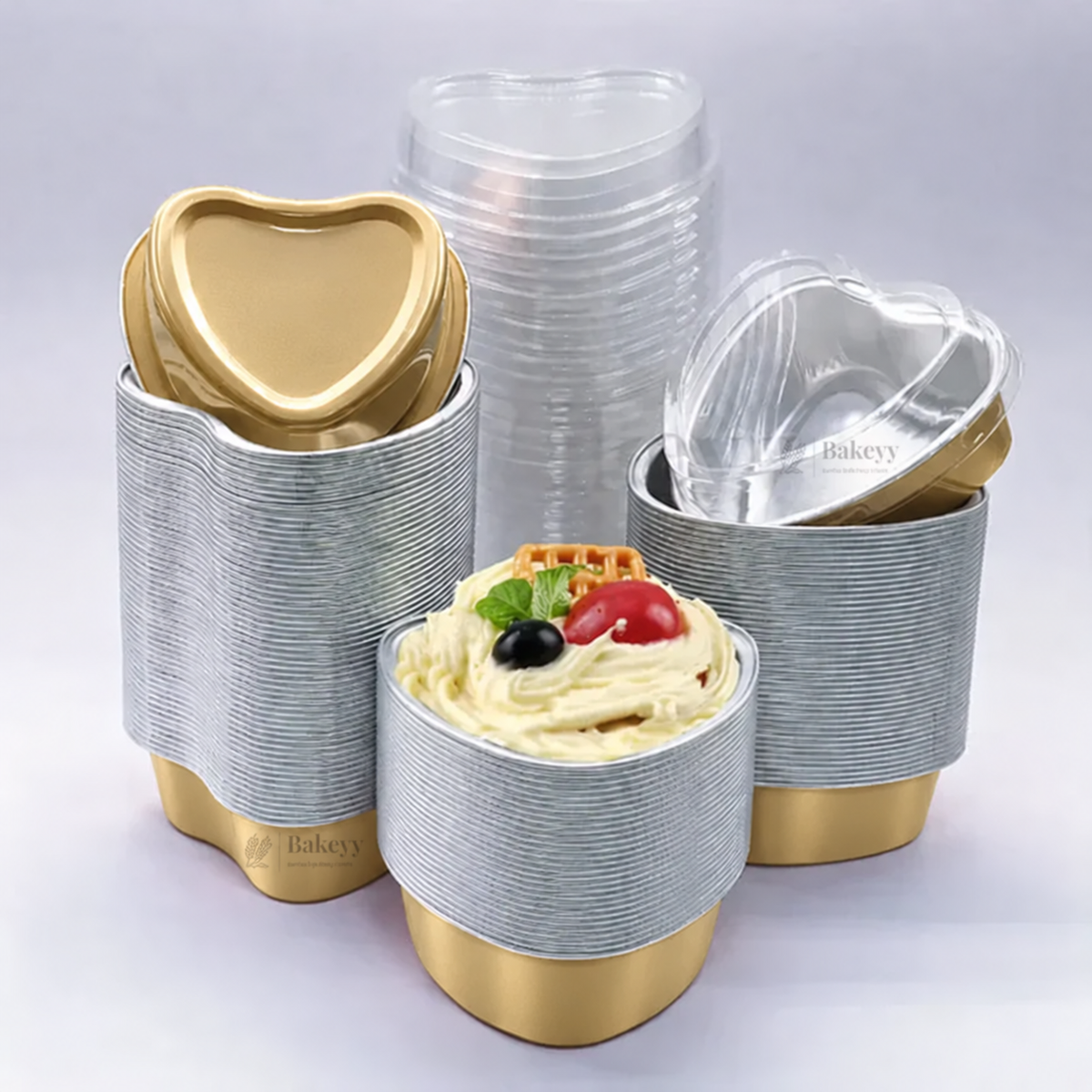 100 ml | Aluminum Foil Baking Containers with Transparent Lid | Heart Tins | Bake N Serve | Pack of 100