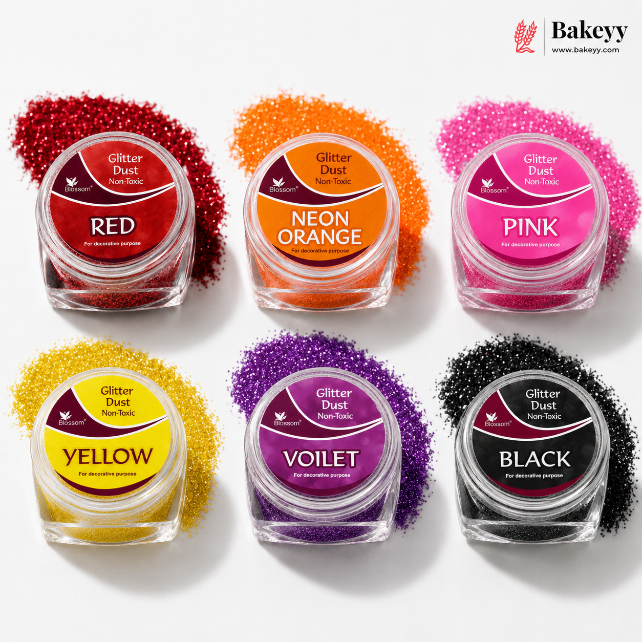 Set of six jars of colorful glitter dust with labels on a white background, featuring the Bakey brand.
