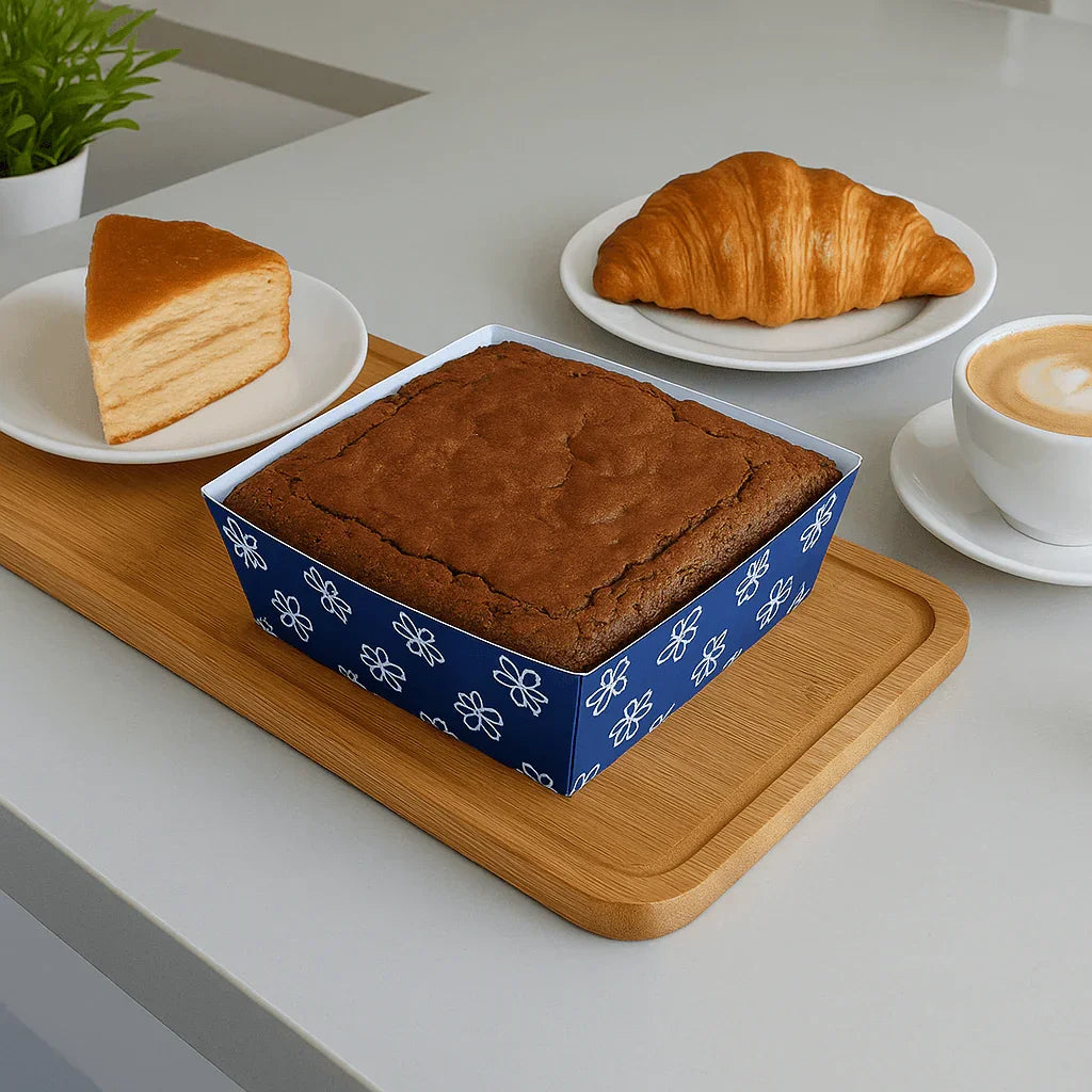 Brownie Bake N Serve Paper Trays | Pack of 50 | Floral Print Square Cups in Red, Blue & Brown for Elegant Baking & Serving - Bakeyy.com - India - Brownie Bake N Serve Paper Trays | Pack of 50 | Floral Print Square Cups in Red, Blue & Brown for Elegant Baking & Serving - Blue