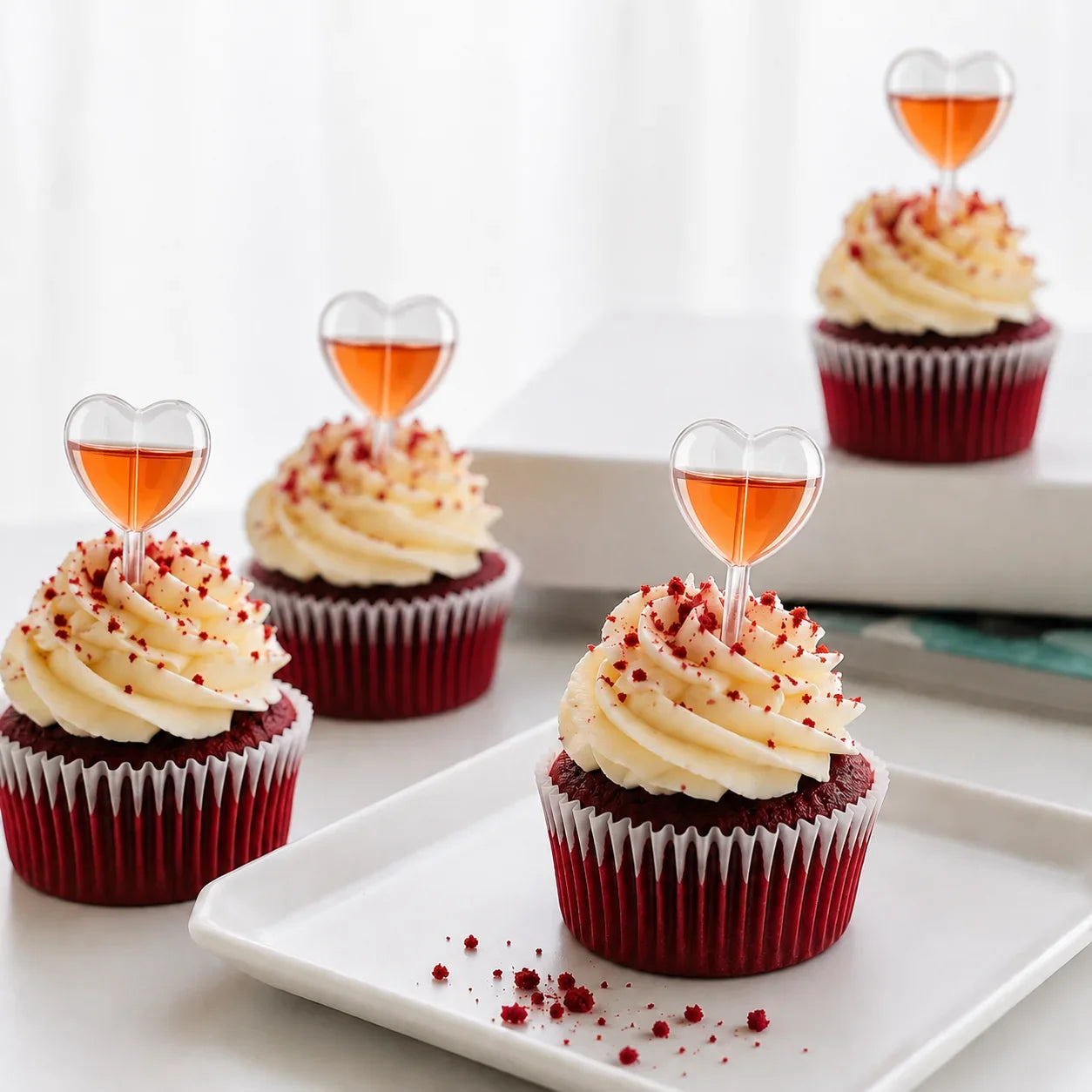 Red velvet cupcakes with cream cheese frosting and heart-shaped alcohol bottles on a white surface.