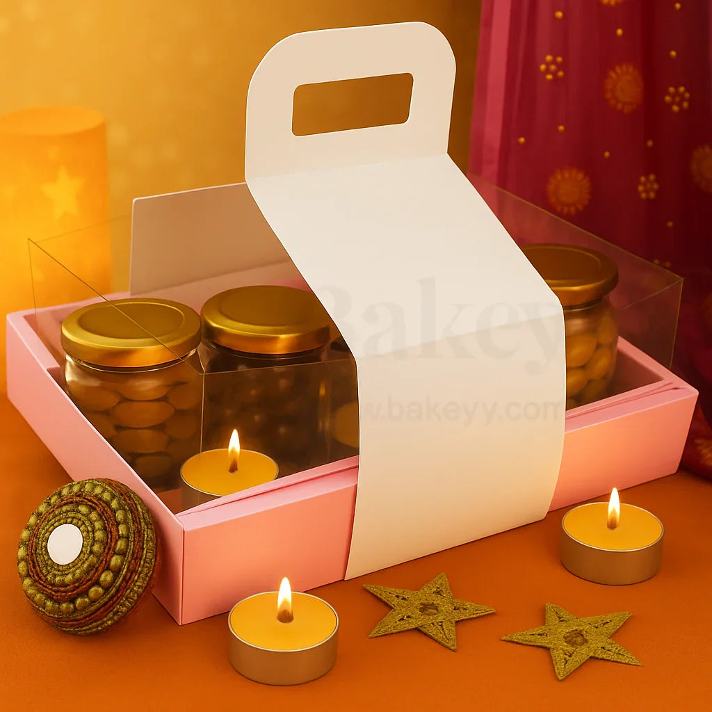 Double Wall Hamper Box with Fit in Transparent Lid and Pink Base and Handle| Pack of 10 - Bakeyy.com - India - Double Wall Hamper Box with Fit in Transparent Lid and Pink Base and Handle| Pack of 10 - Default Title