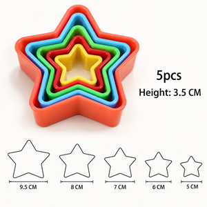 Five nested star-shaped cookie cutters in red, orange, blue, green, and yellow, shown on a white background with text indicating 5 pieces, 3.5 cm height, and size measurements for five stars from 9.