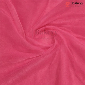 A close-up of bright pink organza fabric with a sheer, lightweight texture, arranged in elegant swirls. The Bakeyy brand logo is visible in the top right corner.