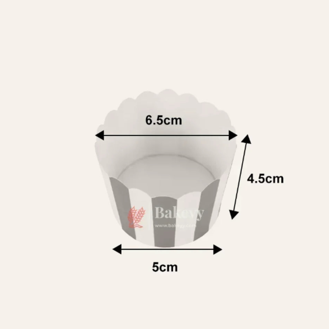 Measurement chart of a baking cup with dimensions labeled on a white background