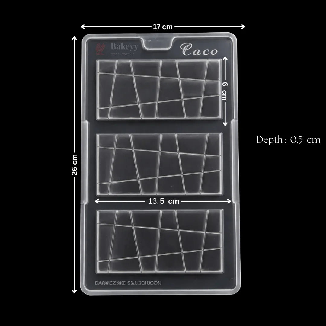 Clear plastic chocolate bar mould with geometric pattern and size markings from Bakeyy.com