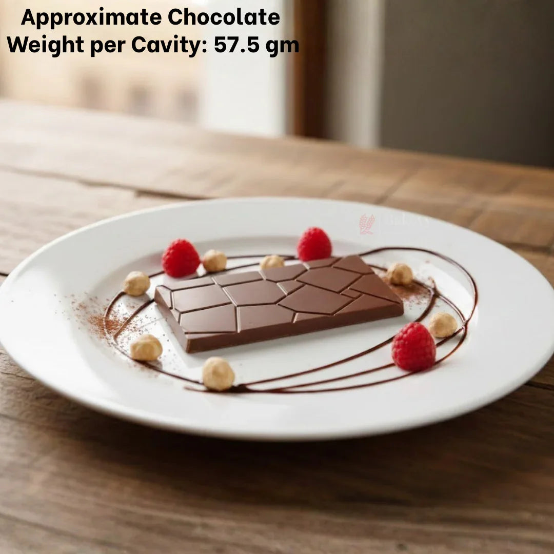 Decorative chocolate bar on white plate with raspberries, hazelnuts, and cocoa, Bakeyy baking supplies