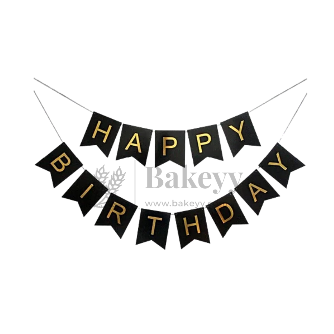 Black & Gold Happy Birthday Banner – 12x15 cm Letters with Satin Hanging String | Pack of 1