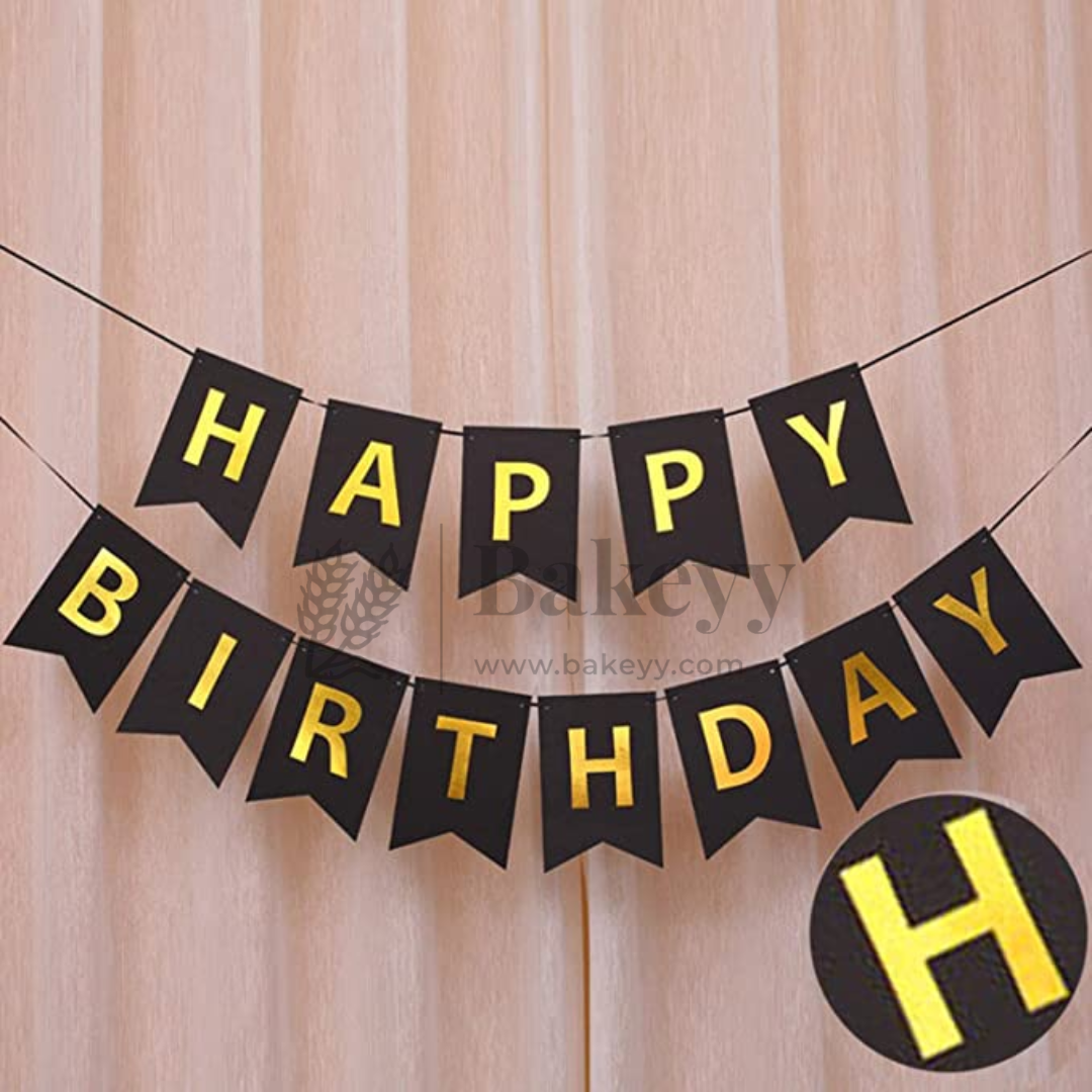 Black & Gold Happy Birthday Banner – 12x15 cm Letters with Satin Hanging String | Pack of 1