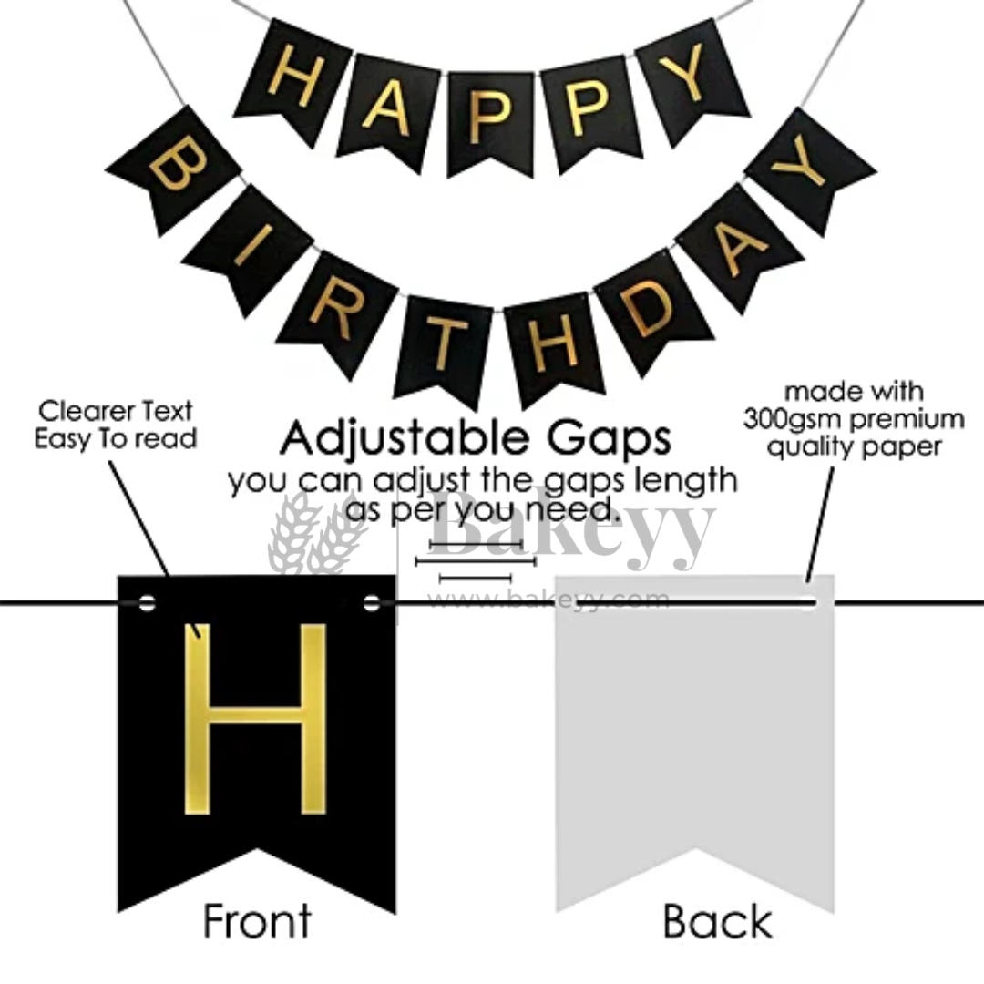 Black & Gold Happy Birthday Banner – 12x15 cm Letters with Satin Hanging String | Pack of 1