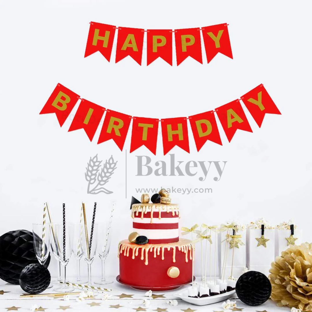Red & Gold Happy Birthday Banner – 11x16 cm Letters with Satin Hanging String | Pack of 1