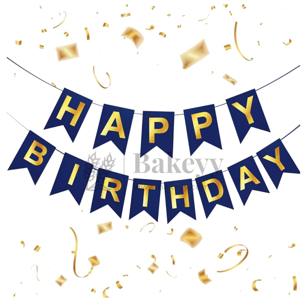 Blue & Gold Happy Birthday Banner – 11x16 cm Letters with Satin Hanging String | Pack of 1