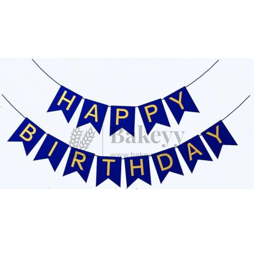 Blue & Gold Happy Birthday Banner – 11x16 cm Letters with Satin Hanging String | Pack of 1