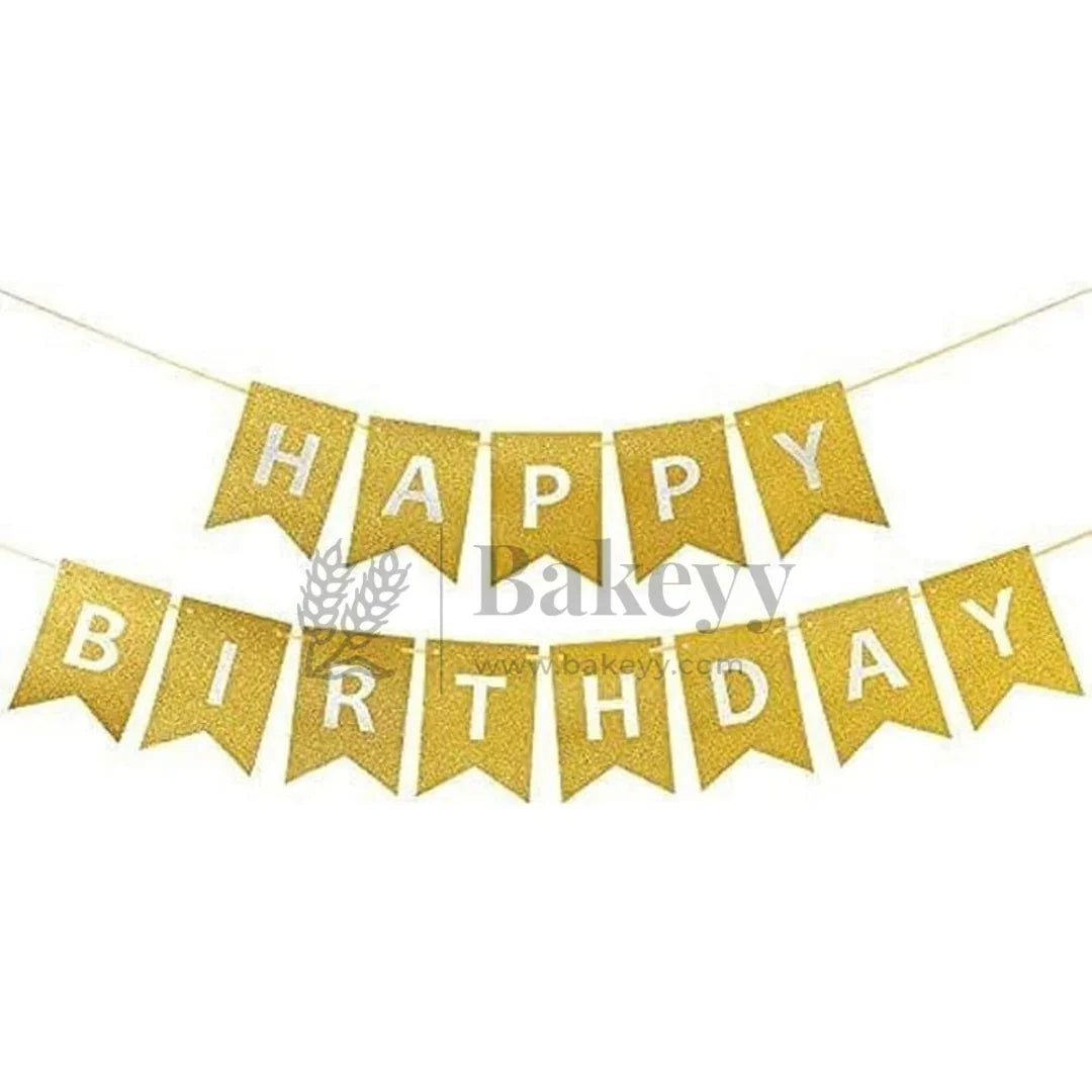 Gold Glitter Happy Birthday Banner – 11x16 cm Letters with Satin Hanging String | Pack of 1 - Bakeyy.com - India - Gold Glitter Happy Birthday Banner – 11x16 cm Letters with Satin Hanging String | Pack of 1 - Default Title