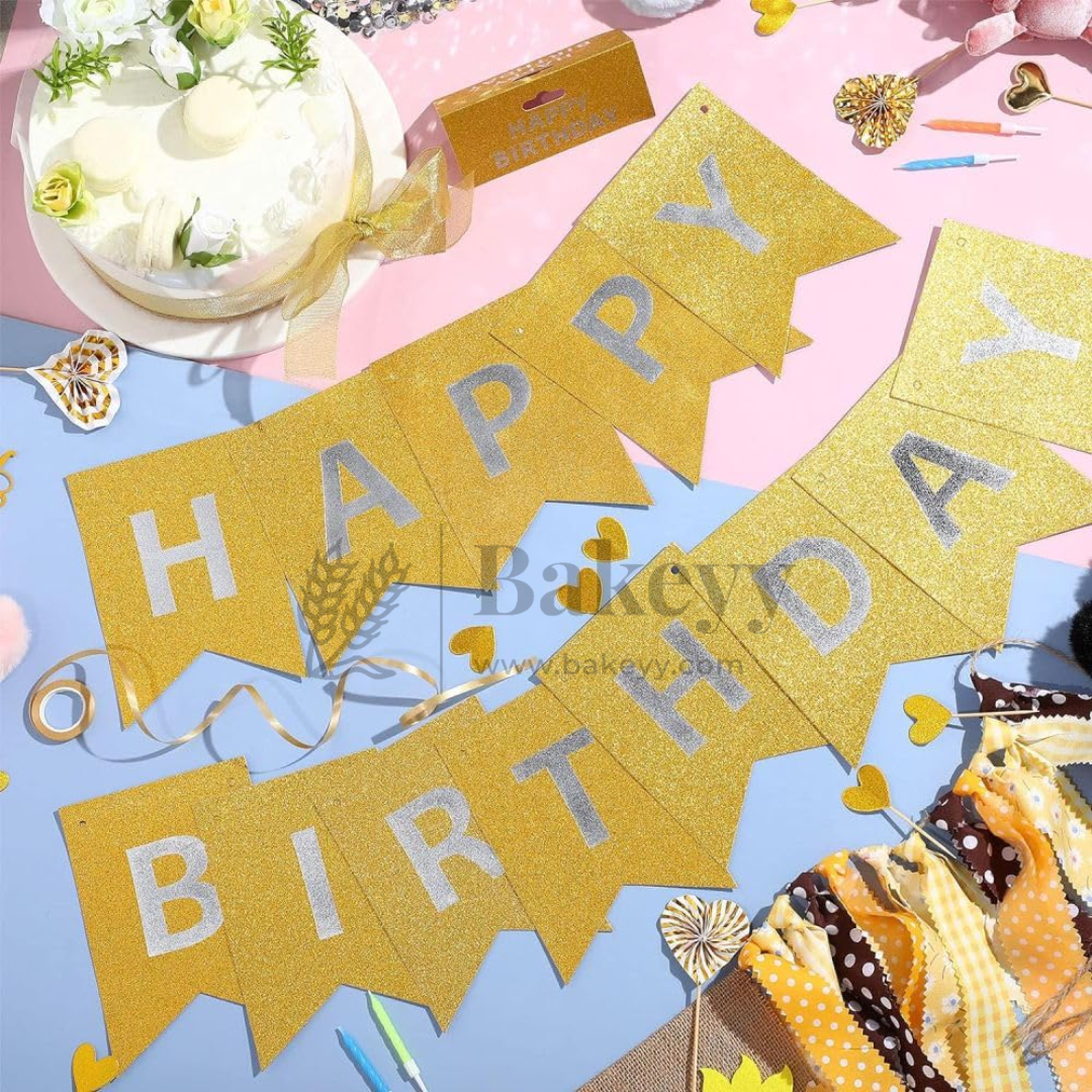 Gold Glitter Happy Birthday Banner – 11x16 cm Letters with Satin Hanging String | Pack of 1