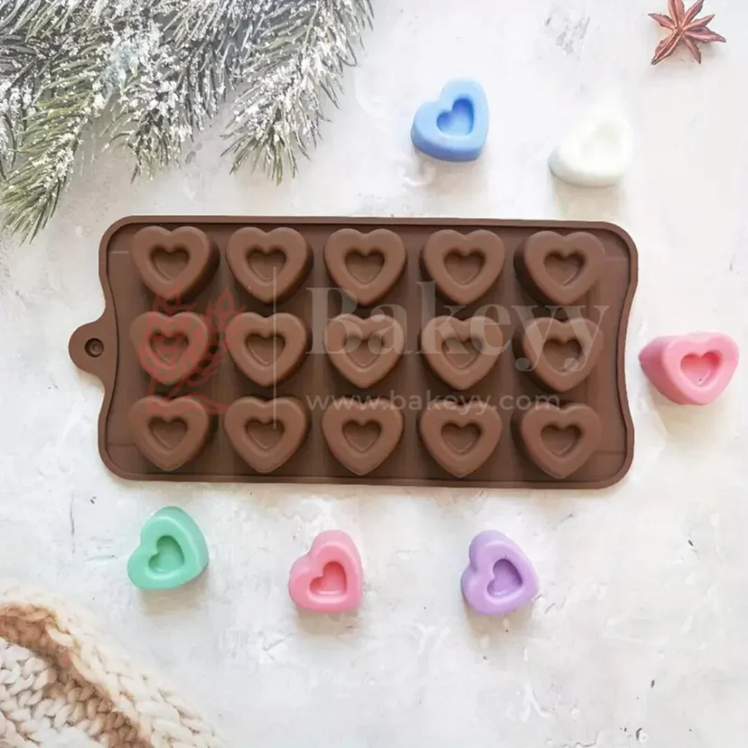 15-Cavity | 3D Heart Shaped Silicone Chocolate Mould | Non-Stick Baking & Candy Making Tray | 1 Piece