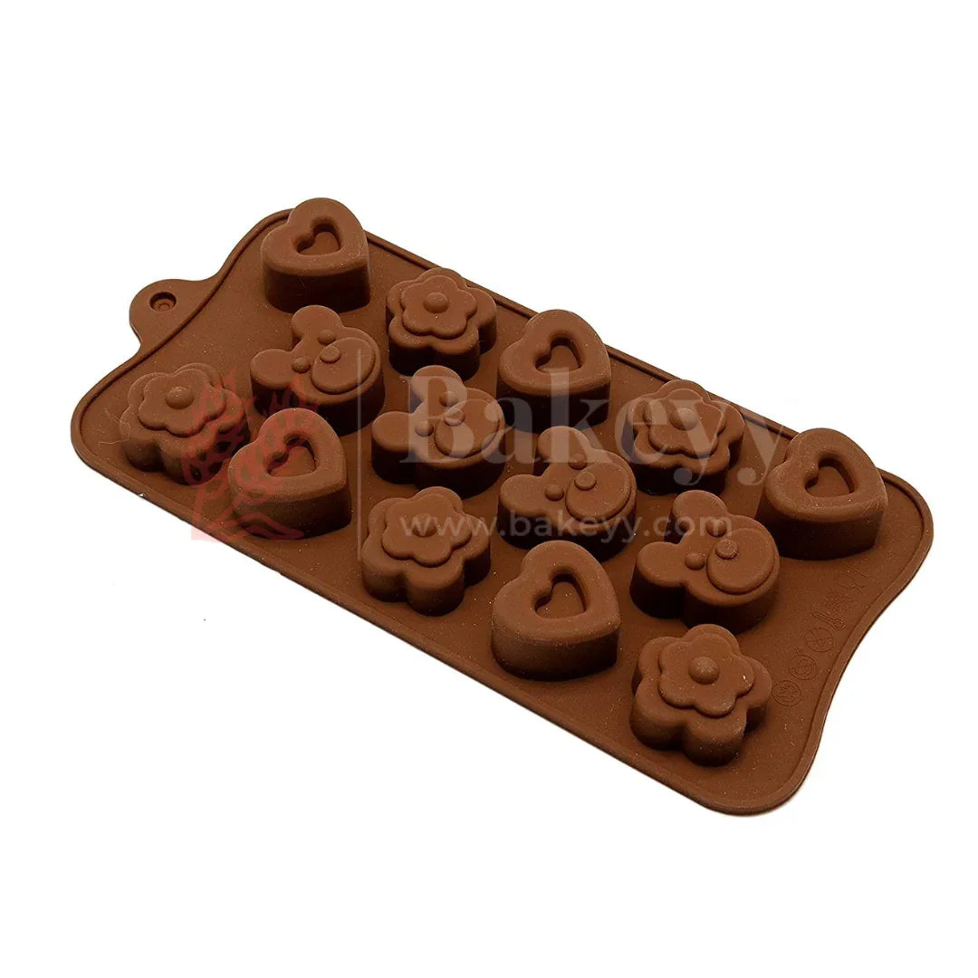 14-Cavity | Multi-Shape Silicone Chocolate Mould | Heart, Flower & Bear Designs | Non-Stick Baking & Candy Making Tray | 1 Piece