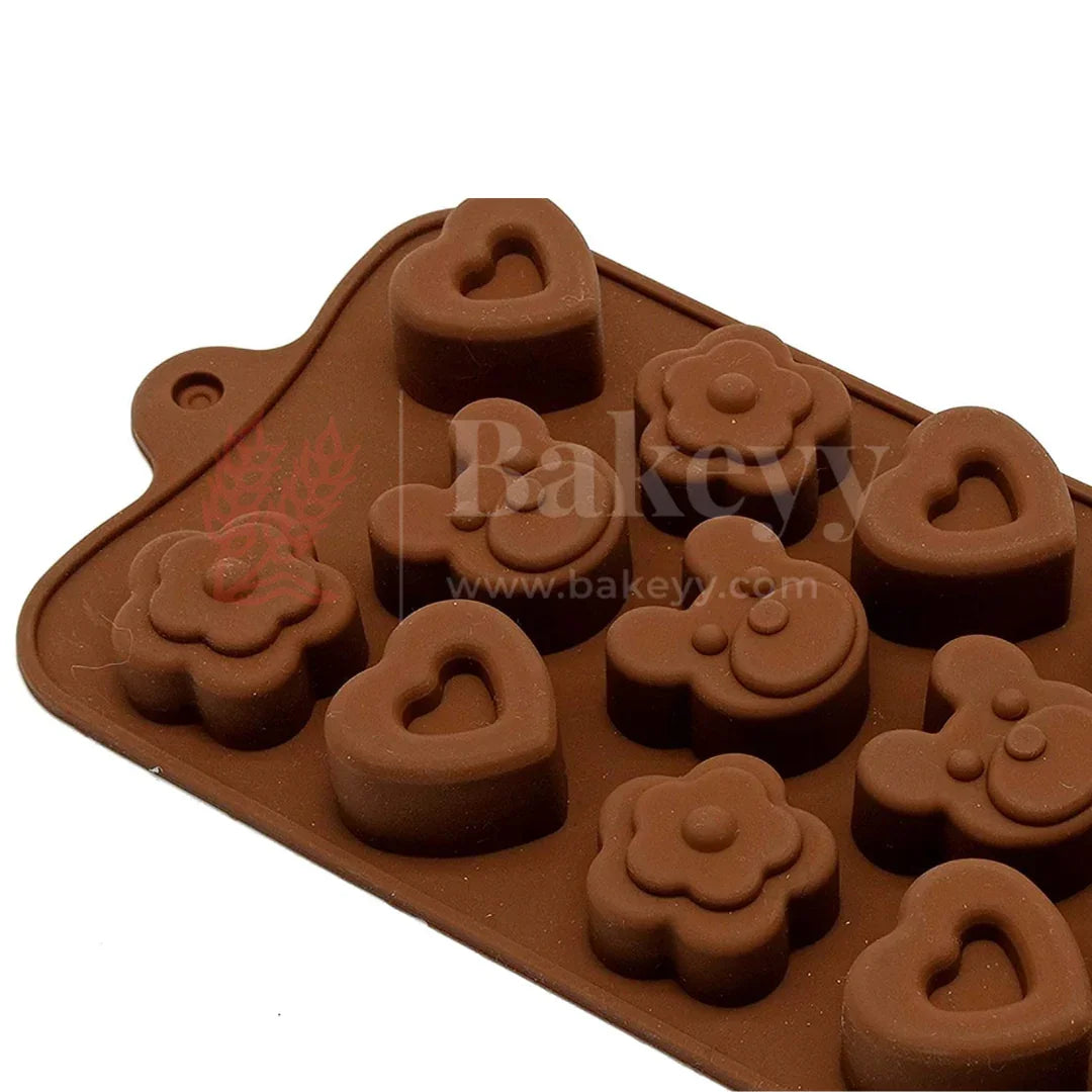 14-Cavity | Multi-Shape Silicone Chocolate Mould | Heart, Flower & Bear Designs | Non-Stick Baking & Candy Making Tray | 1 Piece