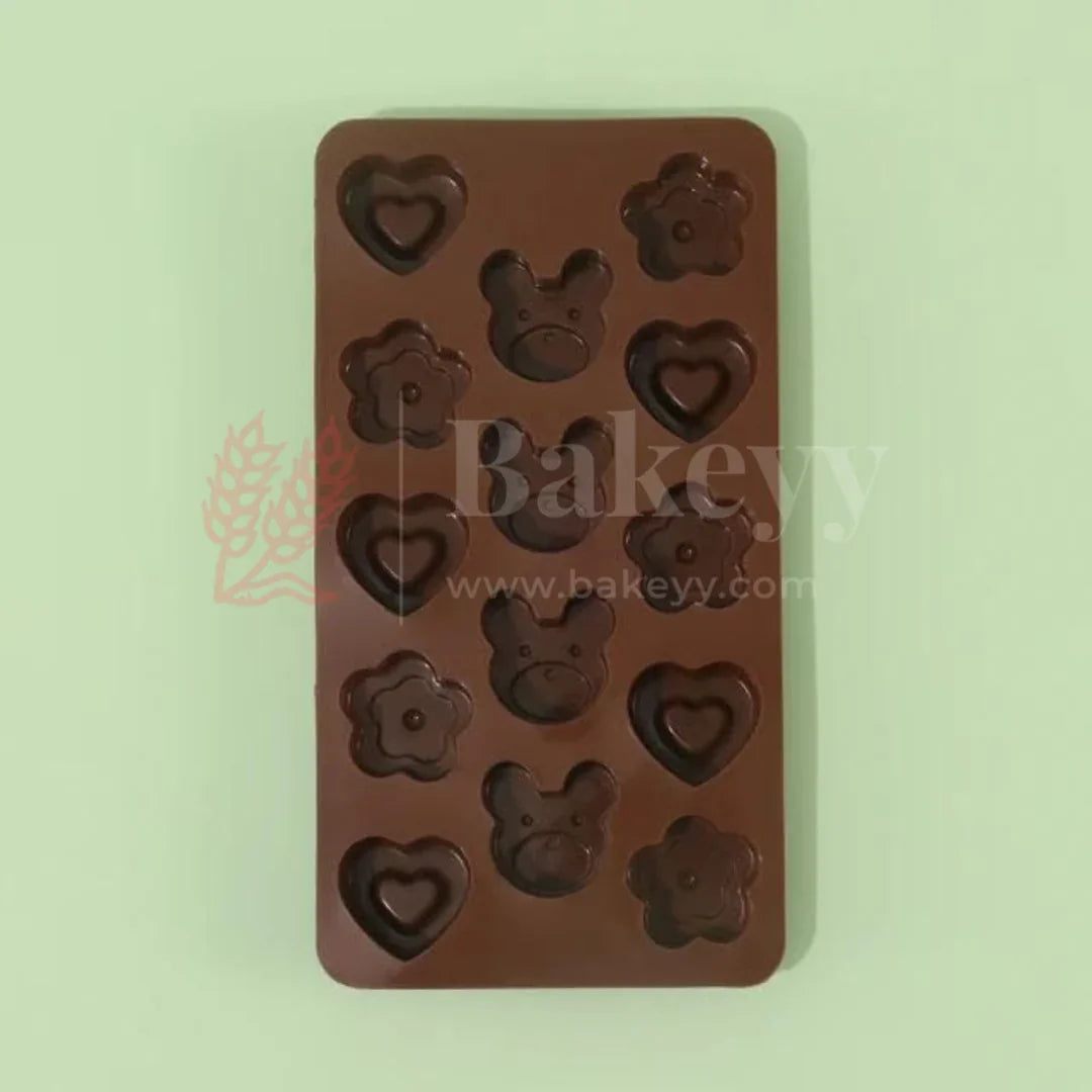 14-Cavity | Multi-Shape Silicone Chocolate Mould | Heart, Flower & Bear Designs | Non-Stick Baking & Candy Making Tray | 1 Piece