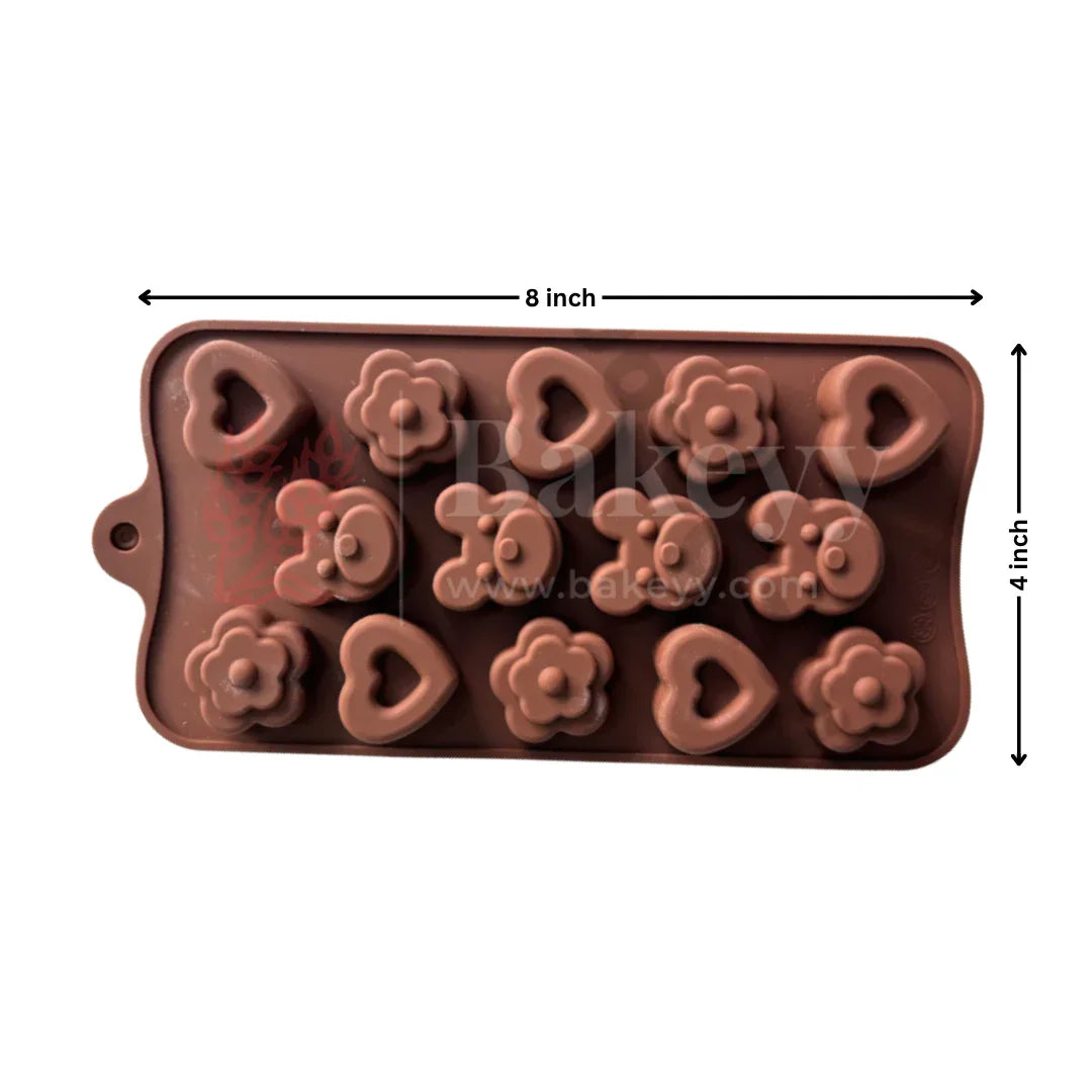 14-Cavity | Multi-Shape Silicone Chocolate Mould | Heart, Flower & Bear Designs | Non-Stick Baking & Candy Making Tray | 1 Piece