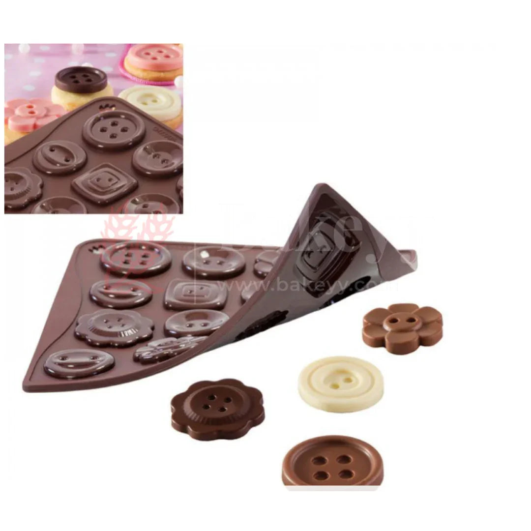 16-Cavity | Button and Flower Silicone Chocolate Mould | Non-Stick Baking & Candy Making Tray | 1 Piece