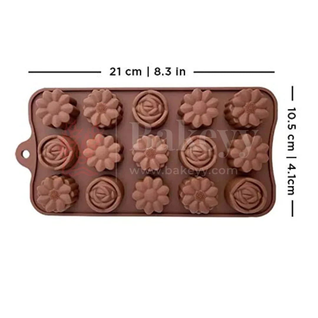 15-Cavity | Rose And Daisy Shape Silicone Chocolate Mold | Non-Stick Baking & Candy Making Tray | 1 Piece