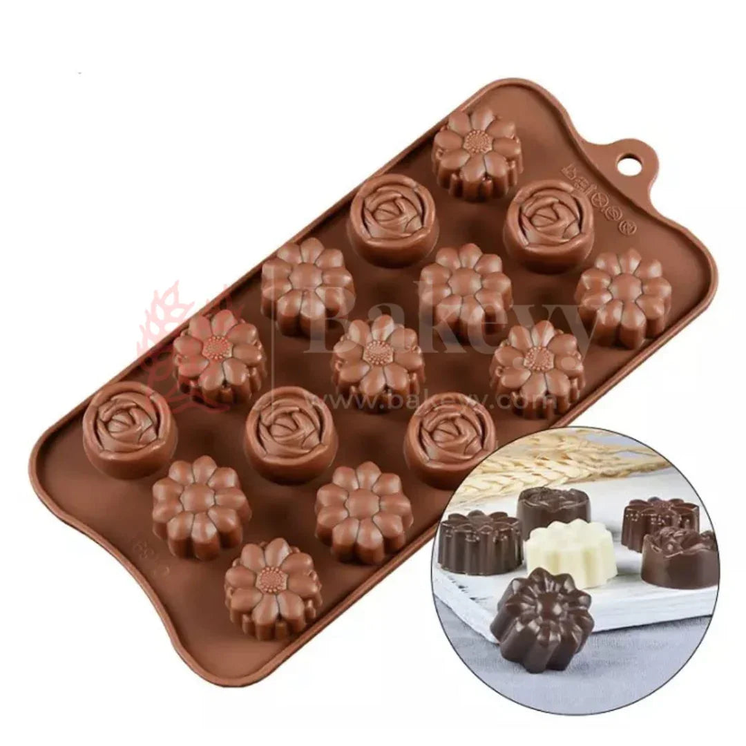 15-Cavity | Rose And Daisy Shape Silicone Chocolate Mold | Non-Stick Baking & Candy Making Tray | 1 Piece