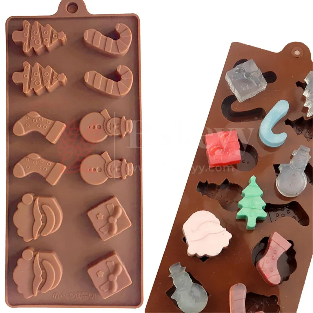 14-Cavity | Christmas Candy Theme Silicone Chocolate Mold | Santa, Snowman, Tree & More | Non-Stick Baking & Candy Making Tray | 1 Piece