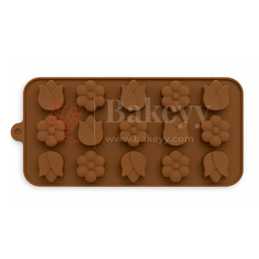 15-Cavity | Tulip and Daisy Shape Silicone Chocolate Mold | Non-Stick Baking & Candy Making Tray | 1 Piece