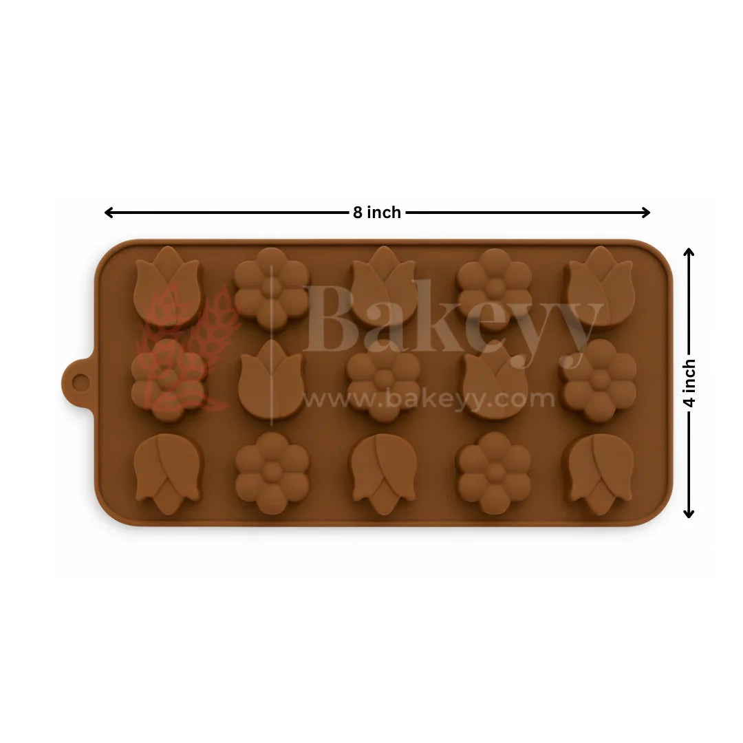 15-Cavity | Tulip and Daisy Shape Silicone Chocolate Mold | Non-Stick Baking & Candy Making Tray | 1 Piece