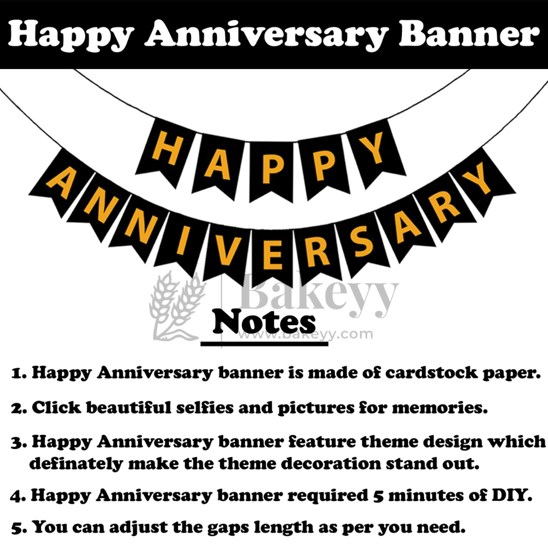 Happy Anniversary Decoration Set – Gold & Black Party Combo with Banner, Balloons, Foil Curtains & Stars | Party Decor | 1 Piece