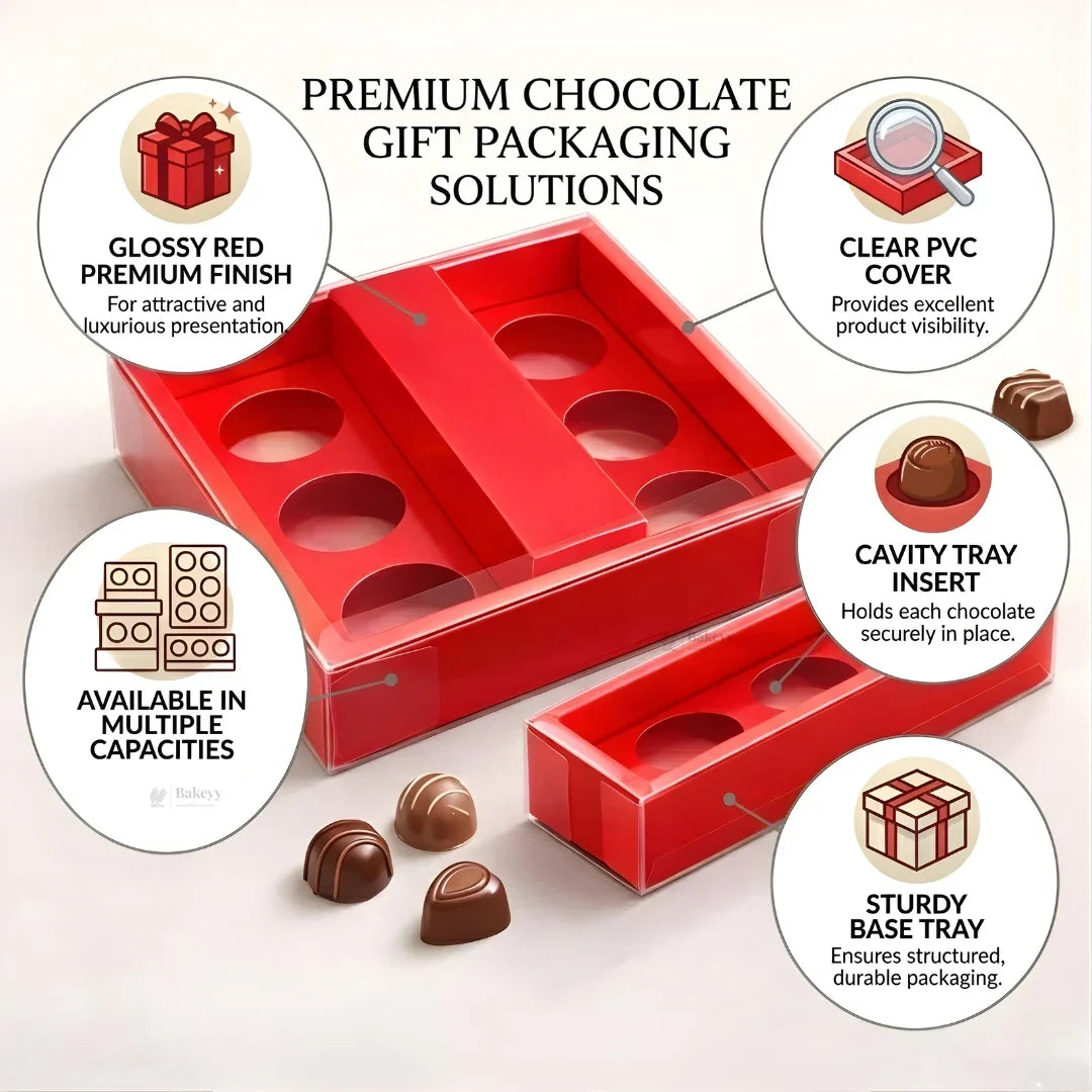 Chocolate Gift Box with PVC Cover & Cavity Tray | Red Color | Premium Chocolate Packaging Box | Multiple Capacities Available | Pack of 20
