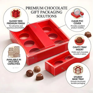 Chocolate Gift Box with PVC Cover & Cavity Tray | Red Color | Premium Chocolate Packaging Box | Multiple Capacities Available | Pack of 20