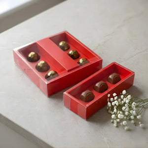 Chocolate Gift Box with PVC Cover & Cavity Tray | Red Color | Premium Chocolate Packaging Box | Multiple Capacities Available | Pack of 20