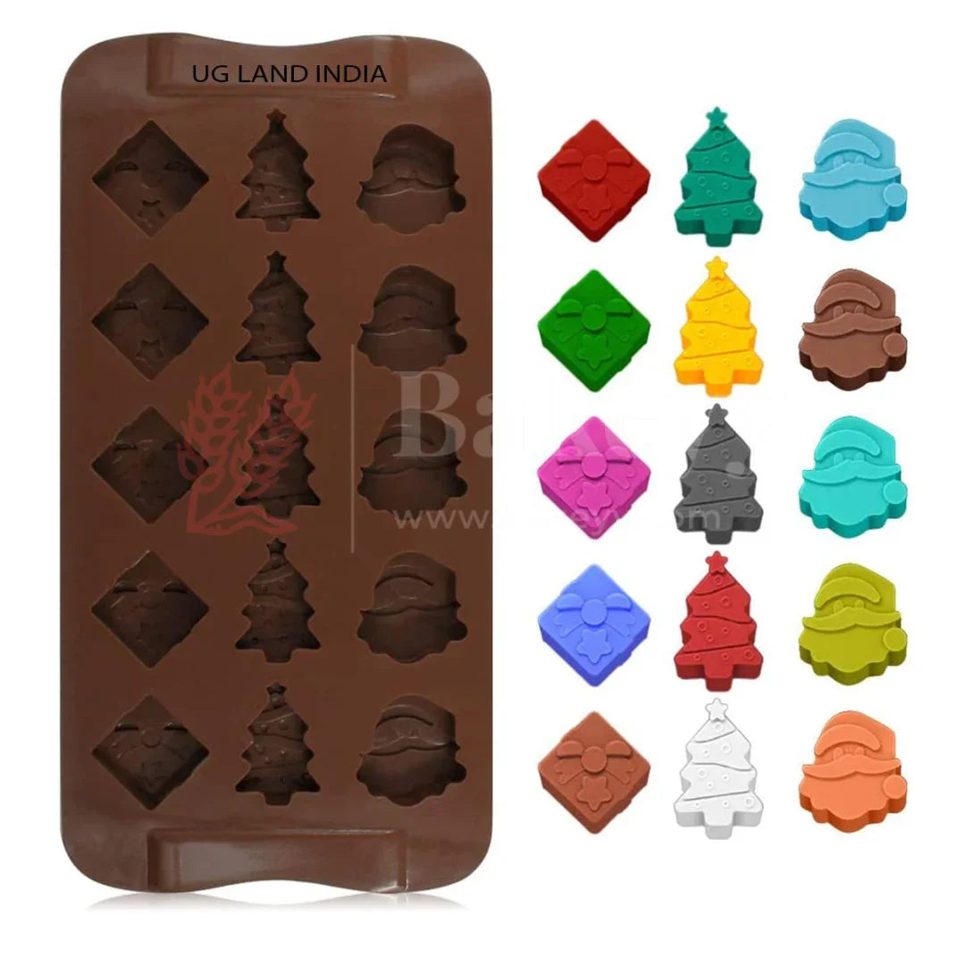 15-Cavity | Christmas Theme Silicone Chocolate Mold | Santa, Tree & Gift Box Design | Non-Stick Baking & Candy Making Tray | 1 Piece