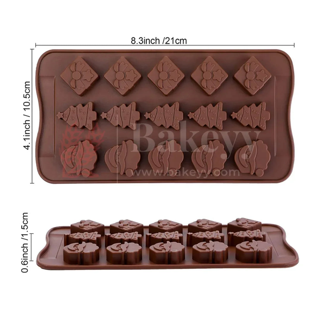 15-Cavity | Christmas Theme Silicone Chocolate Mold | Santa, Tree & Gift Box Design | Non-Stick Baking & Candy Making Tray | 1 Piece