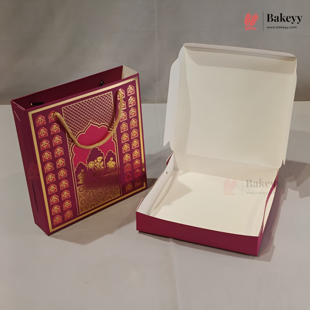Traditional Arch & Floral Printed Chocolate Gift Box with Matching Handle Paper Bag | With & Without Cavity | Pack of 10