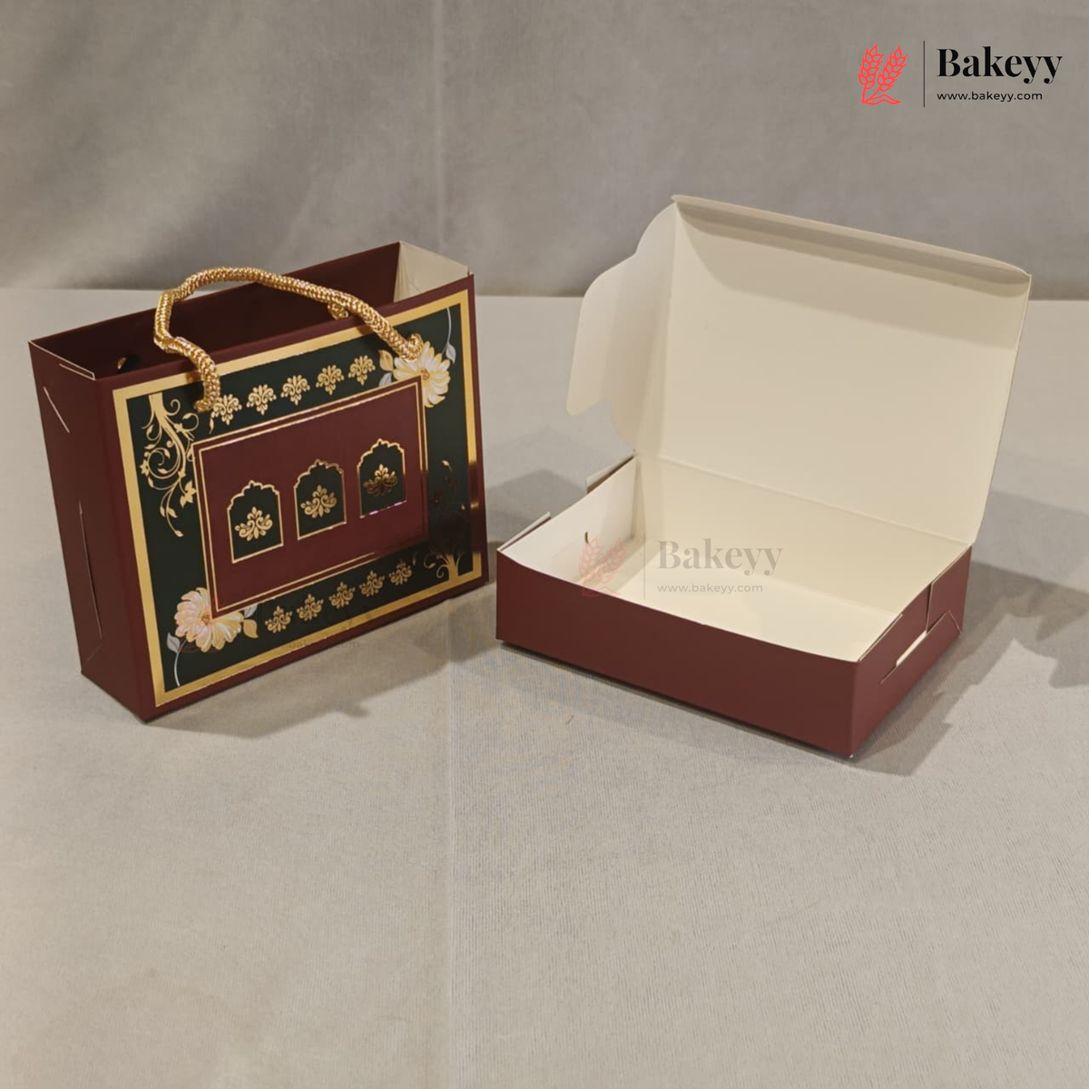 Traditional Arch & Floral Printed Chocolate Gift Box with Matching Handle Paper Bag | With & Without Cavity | Pack of 10