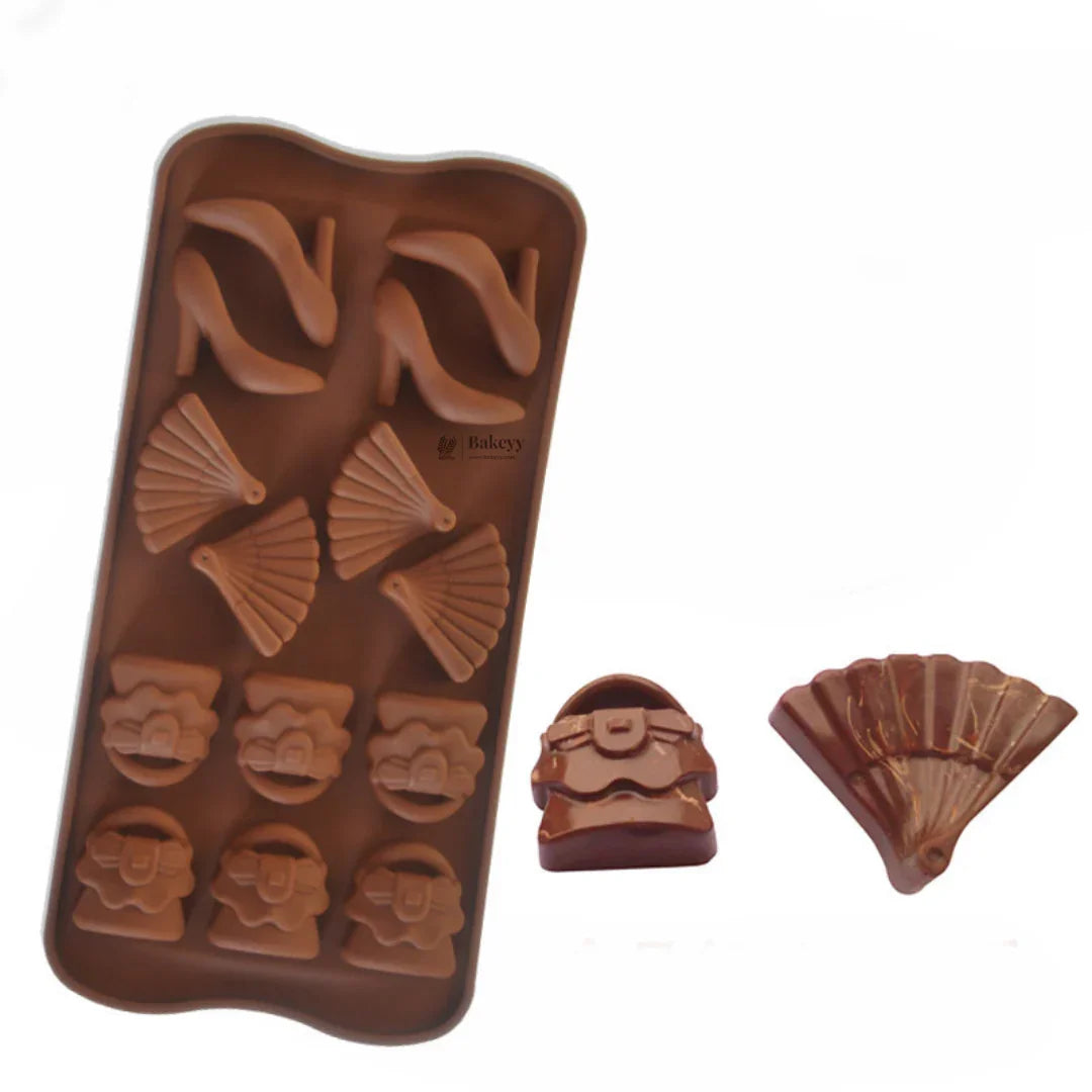 14-Cavity | Heel, Handbag and Fan Shape Silicone Chocolate Mold | Non-Stick Baking & Candy Making Tray | 1 Piece