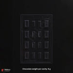 A black plastic chocolate mold with 16 rectangular cavities, shown on a black background with text indicating 'Chocolate weight per cavity: 9 g' and a Bakeyy logo in the bottom left.