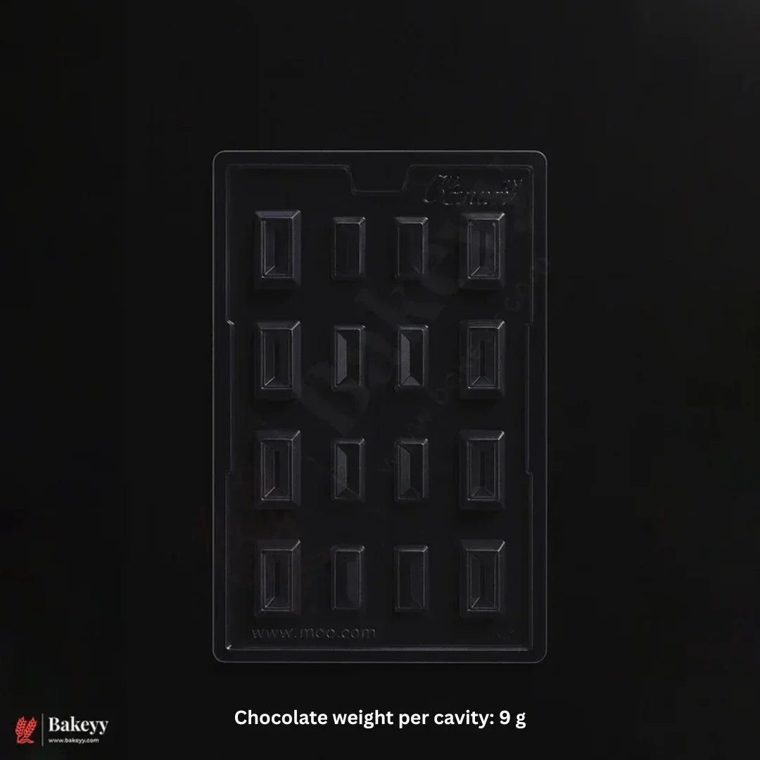 A black plastic chocolate mold with 16 rectangular cavities, shown on a black background with text indicating 'Chocolate weight per cavity: 9 g' and a Bakeyy logo in the bottom left.