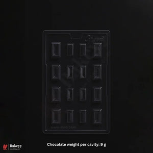 A black plastic chocolate mold with 16 rectangular cavities, shown on a black background with text indicating 'Chocolate weight per cavity: 9 g' and a Bakeyy logo in the bottom left.