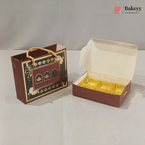 A brown bakery gift box set shown on a light gray studio background, including a closed decorative paper bag with gold rope handle and an open matching box containing six individually wrapped pastries.